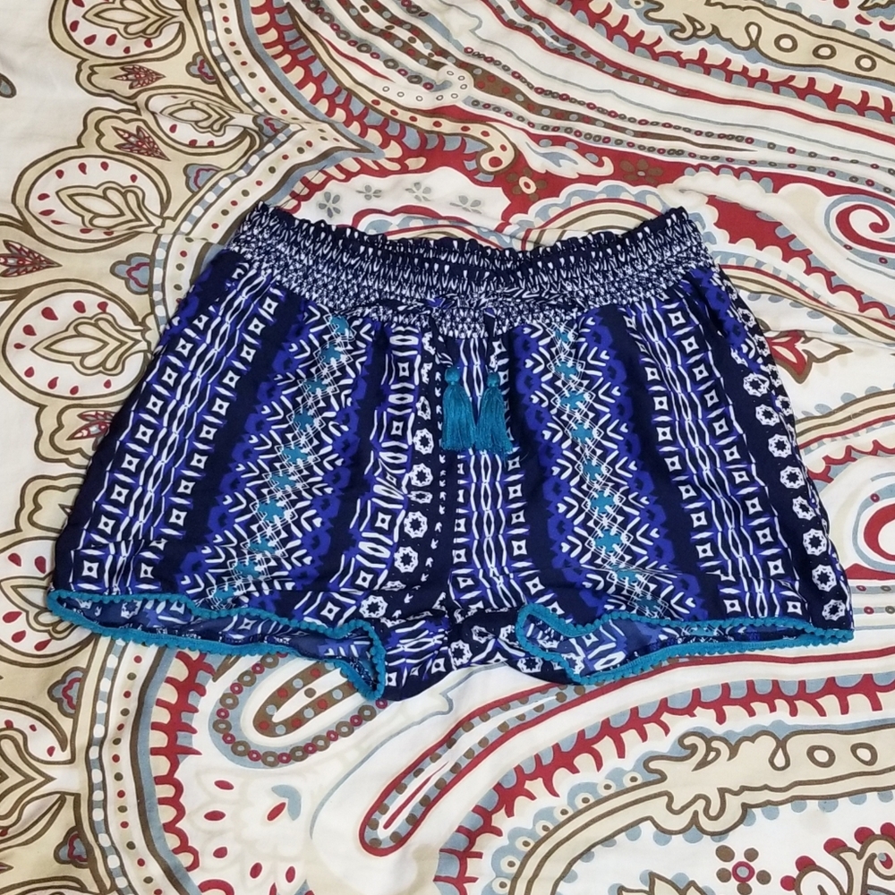 Japna Girl's Shorts 10 Navy Turquoise White Boho Tassel Pockets **CLEARANCE**